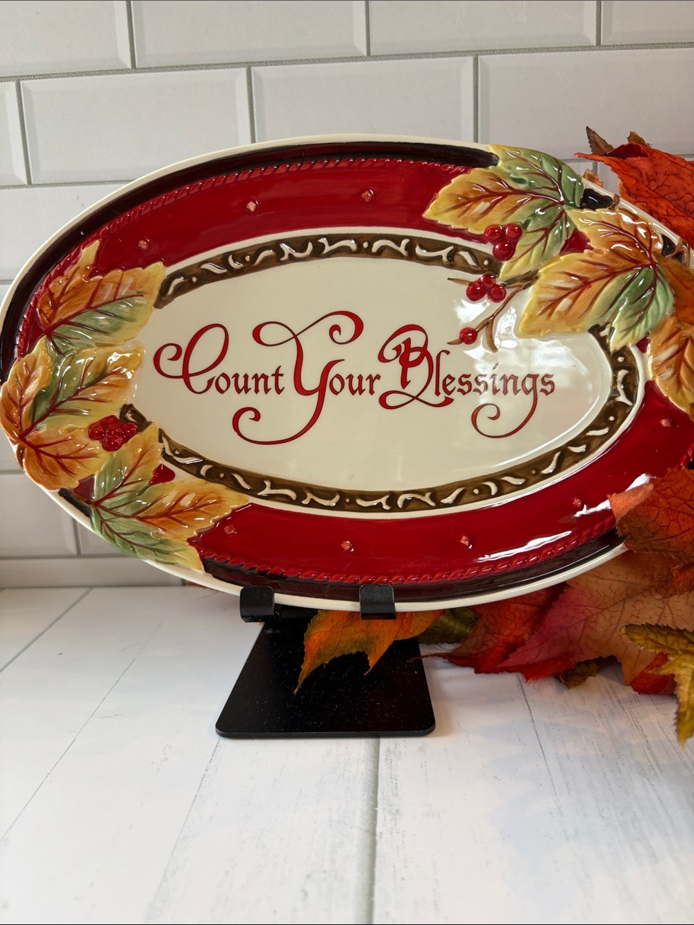 Fitz and Floyd Cream Ceramic Platter with Bountiful Holiday Mark